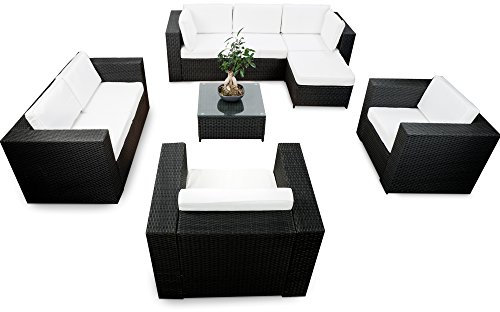 erweiterbares 26tlg. XXXL Polyrattan Lounge Möbel XXL Eck Sofa Set - schwarz - Garnitur Gartenmöbel Sitzgruppe Lounge Eck Set - inkl. Lounge Sofa + Ecke + Sessel + Hocker + Tisch + Kissen