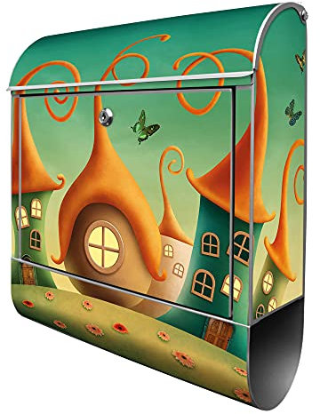 banjado® Design Briefkasten mit Zwergenhausen 38,5x46,5x13cm & 2 Schlüssel - Briefkasten Stahl Silber mit Zeitungsfach pulverbeschichtet - Postkasten A4 Einwurf inkl. Montagematerial