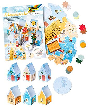 folia 9391 - Adventskalender Weihnachtsdorf, vorgestanzte Schachteln in Form von 24 Häuschen zum Zusammenstecken, mit Glitterapplikationen, ideal für kleine Geschenke im Advent