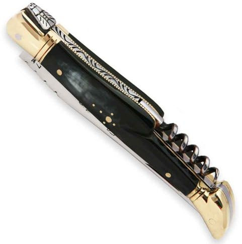 Laguiole Taschenmesser, schwarzes Horn / Messing, 11 cm, mit Korkenzieher