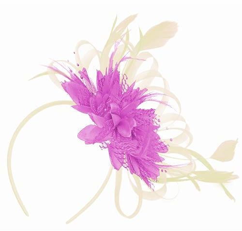 Tocado para el pelo de plumas de color crema marfil y lila morado para bodas