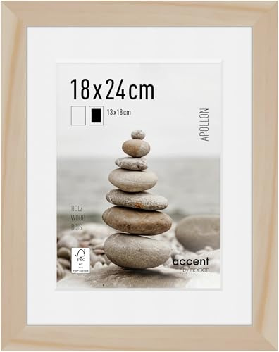 accent by nielsen Holz Bilderrahmen Apollon, 18 x 24 cm, Hellbraun | Holz Fotorahmen mit Passepartout im Hoch- & Querformat zum Auftstellen und Aufhängen Hellbraun matt Echtglas
