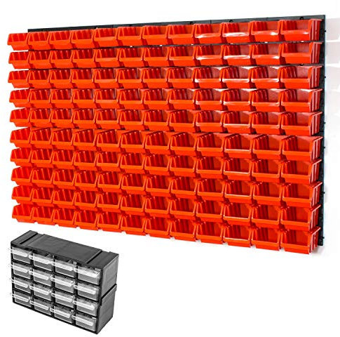 120 orange S size storage bins with wall mounted panel