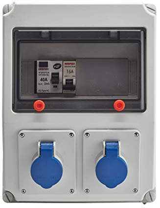 DEBFLEX 707694 différentiel TrIPhasé Tableau Electrique Coffret Atelier IP44 1 Inter Diff 40A AC + 1 Disjoncteur 2 Prises 2P+T 16A