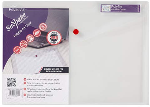 Snopake 12841X Polyfile A4 Popper Wallet File with Press Stud and Index Tab - Classic Clear (Pack of 5)