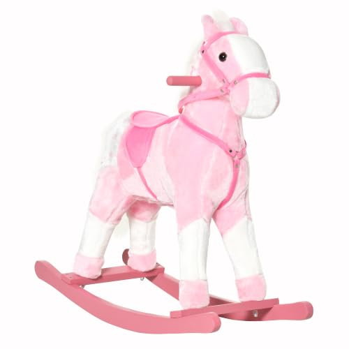 HOMCOM Baby Rocking Horse with Sound Handle Grip for Kids 3-6 Years Pink | Plush Ride on Animals Rocker