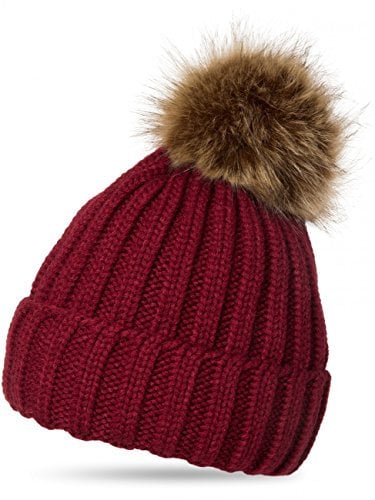 Caspar MU054 Damen Winter Strickmütze mit großem Fellbommel, Farbe:weinrot