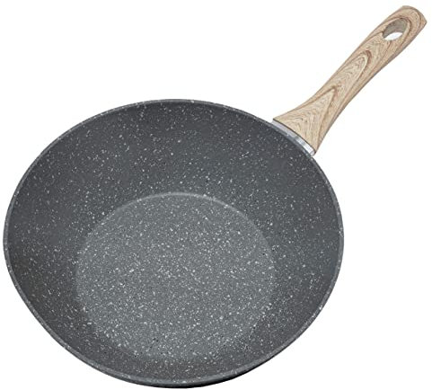 Schallen Anthracite Grey Kitchen Cookware Non Stick Frying Pan Saucepan Cooking Stock Pot Full Pan Set with Soft Grip Handles (Wooden Finish Handle, Wok - 28cm)