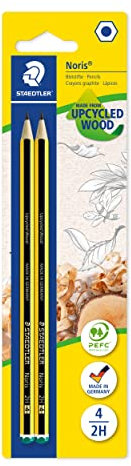 STAEDTLER Bleistift Noris 120, Made from Upcycled Wood, Härtegrad 2H, Rutschfeste Soft-Oberfläche, hohe Buchfestigkeit, hohe Qualität Made in Germany, Blisterkarte mit 2 Stück, 120-4 BK2D