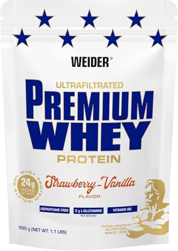 WEIDER Premium Whey Poudre de protéine de lactosérum, faible teneur en glucides avec isolat de lactosérum, fitness (Fraise-Vanilla), 500 g