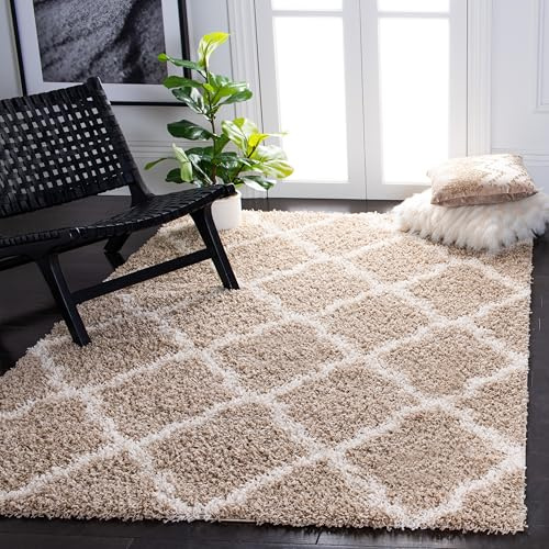 SAFAVIEH Dallas Shag Collection Accent Rug - 3' x 5', Beige & Ivory, Trellis Design, Non-Shedding & Easy Care, 1.5-inch Thick Ideal for High Traffic Areas in Entryway, Living Room, Bedroom (SGD257D)