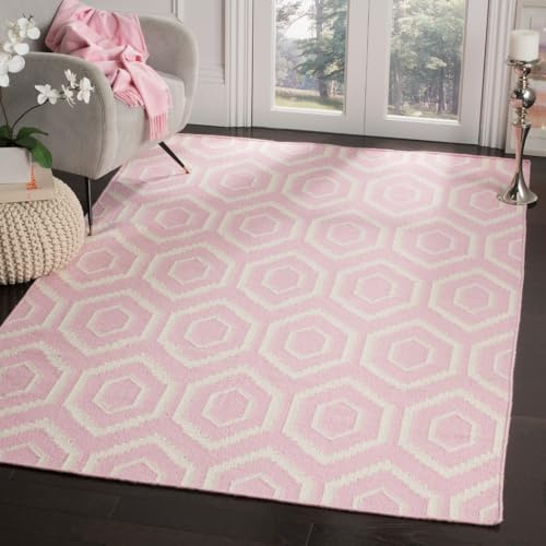 SAFAVIEH Dhurries Collection Area Rug - 6' x 9', Pink & Ivory, Handmade Flat Weave Wool, Ideal for High Traffic Areas in Living Room, Bedroom (DHU556C)
