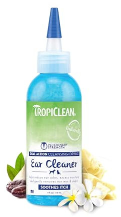 Tropiclean Solution nettoyant Oreilles à Double Action pour Chiens et Chats - Dissout doucement la Cire et Les débris - Élimine Les odeurs, apaise Les démangeaisons & infections, sans Parfum, 118 ML