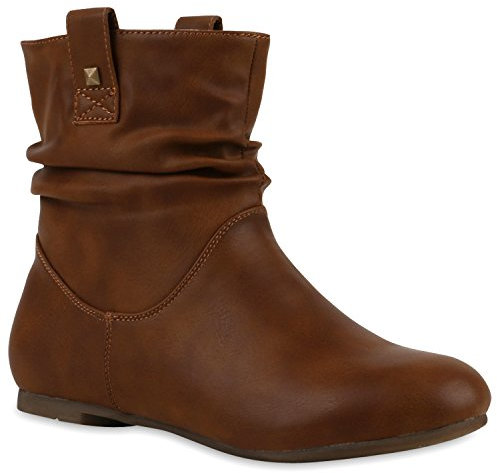 Stiefeletten Damen Schlupfstiefel Stiefel Flach Boots Nieten Leder-Optik Schlupfstiefeletten Schuhe 120941 Hellbraun 38 Flandell