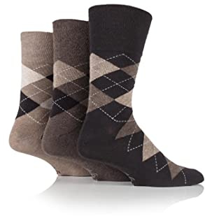 Gentle Grip Mens 3 Pair Argyle Cotton Socks Beige/Brown 6-11