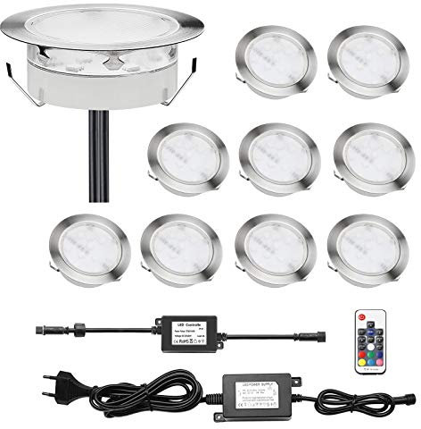 CHNXU 10er LED Bodeneinbaustrahler Set, Treppen Einbaustrahler Ø80mm RGB IP67 Wasserdicht Außen Lampe Boden Einbauleuchten für Küche Garten Treppen Balkon Terrasse