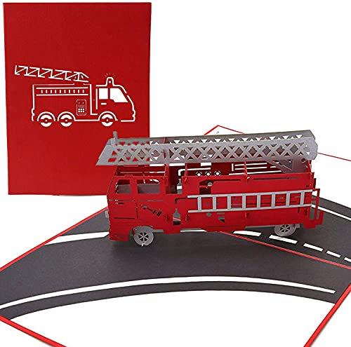PopLife Cards Popup-Grußkarte des Löschfahrzeug-LKWs 3d für alle Gelegenheiten Feuerwehrmänner, Freiwillige, scherzt Falten flach für das Versenden des Geburtstages, des Abschlusses, des Ruhestandes,