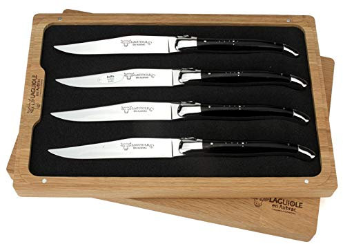 Laguiole en Aubrac - Vier französische Laguiole Steakmesser - Griff poliertes Büffelhorn - Edle Tafelmesser