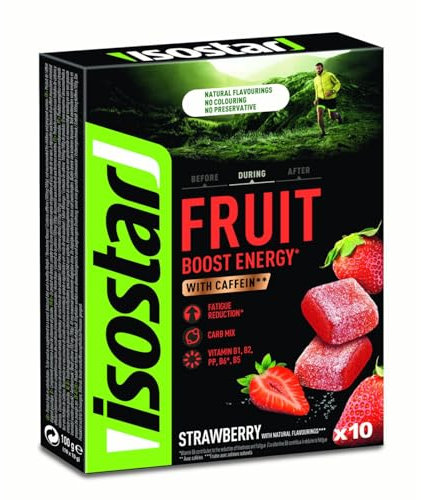 Isostar Energy Fruit Boost - Saveur Fraise - Pâtes de Fruits Sport - Réduction Fatigue - Avec Caféine - Arôme Naturel - Sans Colorant - Sans Conservateur - 1 Boîte de 10 Carrés (10 x 10 g)