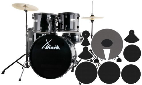 XDrum Rookie Schlagzeug Set Drumset Schwarz (22 BD, 12, 13, 16 TT, 14 SN, Übungsbecken bestehend aus einem Satz Hi-Hat-Becken 14 und 1 Crash-Ride-Becken 16, inkl. Schule & Schlagzeugdämpferset)