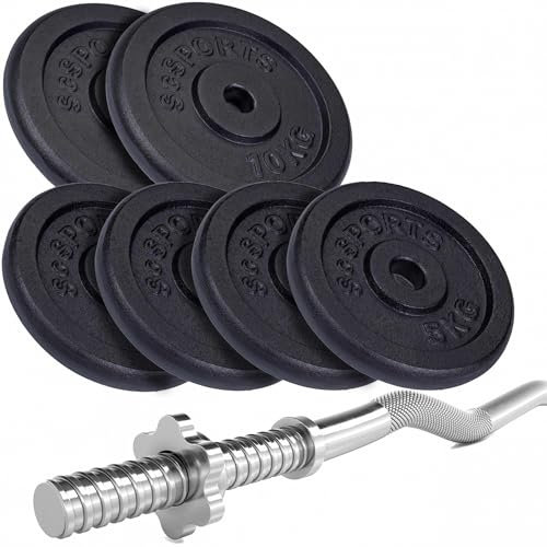 ScSPORTS® Hantelset - Curlstange, 120 cm, mit Gewinde, Stahl, Hantelscheiben 15/20/28/40/60 kg, Gusseisen, Schwarz, Stern-/Federverschluss (40 kg (2 x 10 + 4 x 5))