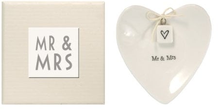 East of India Mr & Mrs Heart-Shaped Ring Dish in Gift Box, Porcelain