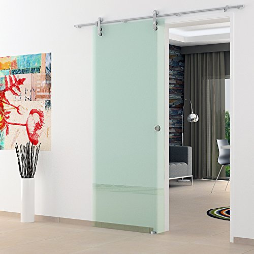 Glasschiebetür 900x2050mm Klarglas Levidor Edelstahl-System komplett mit offenen Laufrollen und Muschelgriffen Schiebetür aus Glas für Innenbereich ESG-Sicherheitsglas Glastür für Wohnzimmer Innen