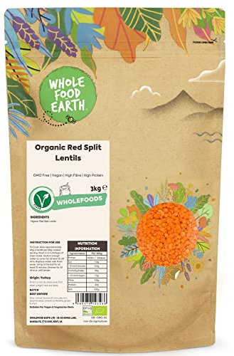 Wholefood Earth Bio-Rote Spaltlinsen 3 kg gentechnikfrei Vegan Hoher Ballaststoffgehalt Hoher Proteingehalt Aus kontrolliert biologischem Anbau