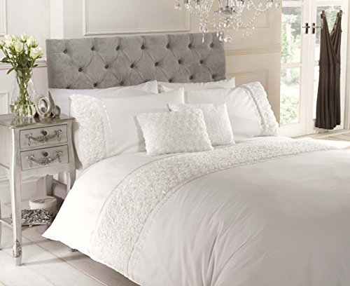 Rapport Home Cream Double Duvet Set – Raised Rose & Ribbon Polycotton Quilt Cover Set with Embossed Floral Design Soft & Durable 3 PCS Set With Secure Button Closure Includes 2 Pillowcases