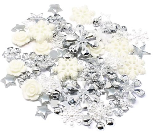 80 Winter/Christmas Mix Silver/White Shabby Chic Resin Flatbacks - Festive Craft Embellishments for Cardmaking and Christmas Holiday Projects