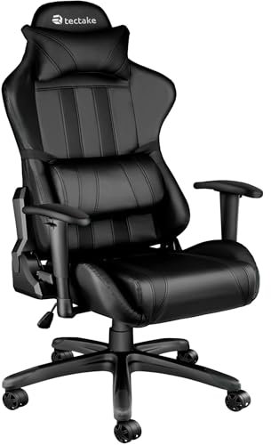 TecTake® Gaming Chair with Lumbar Support, Adjustable Height, Armrests and Reclining Backrest, 360° Swivel, Extra Padding, Steel Frame - Racing, Ergonomic Office Chair, PU Leather - black/black