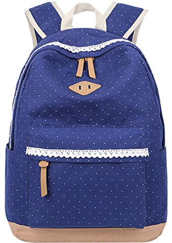 Leichte Schulrucksack mit Polka Dots Nette Canvas Schultaschen Damen Mädchen EXTRA Groß Kinderrucksack Daypacks Rucksäcke Modische Blau