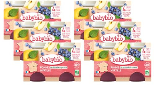 Babybio - Petits Pots Pomme d'Aquitaine/Myrtille 260 g - Pack de 6 - 4 Mois - Bio