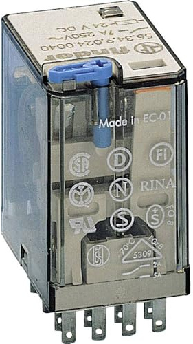 FINDER 55.34.9.024.0094 24 Volts, 4 Pole, 7 AAMP, DC, General Purpose Relay, Lockable Test Button + LED + DIODE (DC, Plug-in, Polarity Positive to PIN A1/13) Mechanical Indicator, Standard Agni Cont