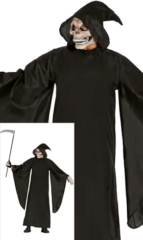 FIESTAS GUIRCA | La Muerte Kostüm für Erwachsene (52-54/L) - Kapuze und Tunika - Horror- und Geister Kostüme für Halloween, Karneval und Kostümpartys - Ideal für Herren - Schwarz