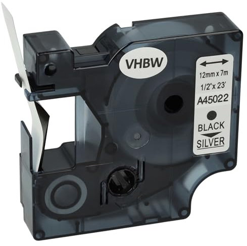 vhbw Schriftband-Kassette kompatibel mit Dymo LabelManager 420P, 400, 450, 300, 350, 280, 360D, 350D Etiketten-Drucker 7m x 12mm Schwarz auf Silber