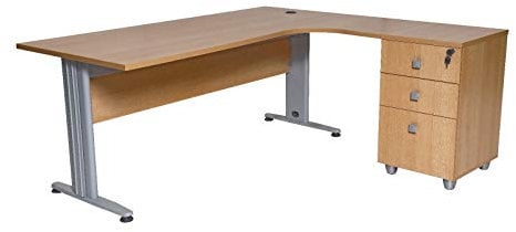 Furni24 Schreibtisch Winkelschreibtisch, Eckschreibtisch, Moderner Bürotisch Computertisch mit großer Arbeitsfläche, Bürotisch,PC Tisch, Dona Buche 180x120x74cm inkl.Beistellcontainer rechts gewinkelt