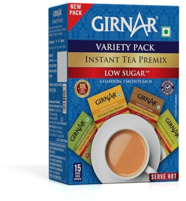 Girnar Instant Tea Premix Low Sugar Variety Pack, 15 Sachets