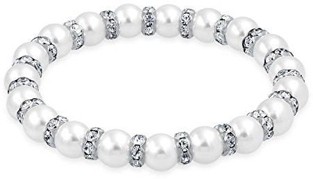 Bling Jewelry Braccialetto A Filo Elastico Con Perle Bianche Simulanti Adatto Alle Donne Con Distanziatori A Rondella Di Cristallo Bianco E Base In Ottone Placcato Argento