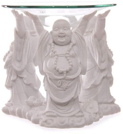 Puckator White Laughing Buddha Oil & Wax Burner with Glass Dish - Living Room Accessories - Wax Liquidizer - Oil Burners For Essential Oils - Wax Burners Melt Holder Room Fragrance Scents Melter