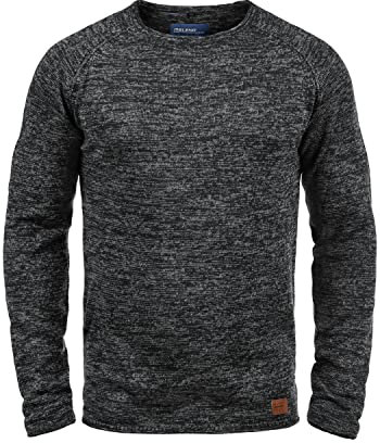 Blend BHDan Herren Strickpullover Feinstrick Pullover mit Rundhalsausschnitt Baumwollmischung Label-Patch Regular fit, Größe:L, Farbe:Black (70155)