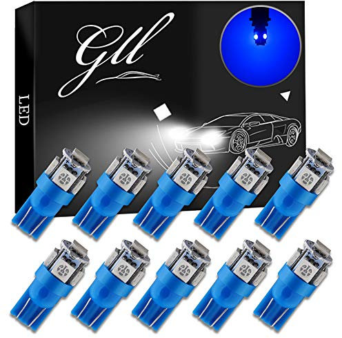 GLL 10-Pack T10 501 LED Bulbs W5W 194 168 Blue 5-SMD 5050 LED Car Interior,Dashboard,Number Plate,Sidelights Boot Light Bulbs (12 V)