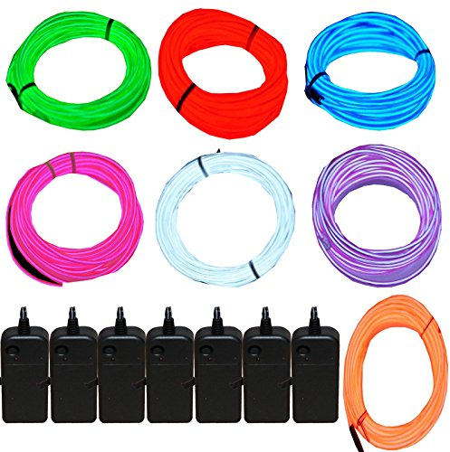 JYtrend 7 Pack 9ft Neon Light El Wire w/Battery Pack (Green, Blue, Red, Orange, Purple, White, Pink)