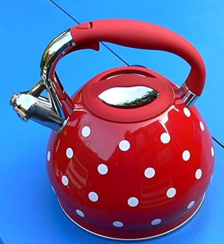 Prima Kitchenware Stunning Red & White Polka Dot Whistling Kettle. Polkadot, Stainless Steel, 3.5 liters