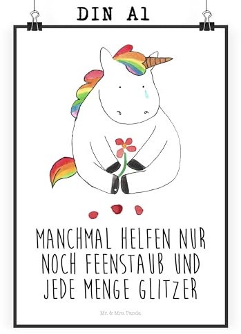 Mr. & Mrs. Panda Bild Einhorn Traurig DIN A1 - Geschenk, für Wand, Blume, Poster, Liebe, Unicorn, drucke, Freunde, Wandbild, Trauer, Kunstdruck, Einhörner