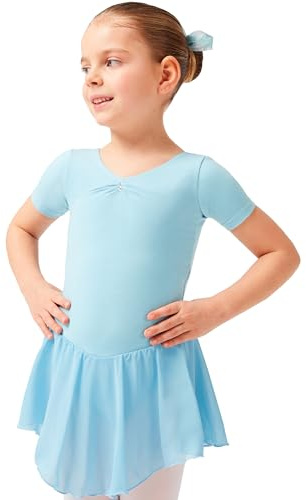 tanzmuster ® Ballettkleid Mädchen Kurzarm - Betty - aus Baumwolle mit Glitzersteinen und Chiffon Röckchen in hellblau, Größe:164/170
