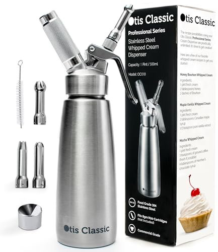 Otis Classic Whipped Cream Dispenser - 500ml Stainless Steel Whip Charger for Desserts - Professional Culinary Whipper - Canister with 3 Decorating Nozzles