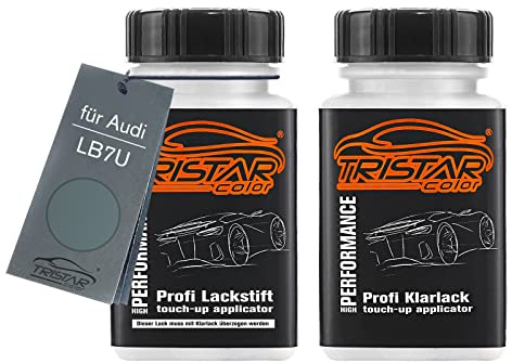 TRISTARcolor Autolack Lackstift für Audi LB7U Titangrau Metallic + Klarlack | Titan Gray Metallic, Set aus Basislack + Klarlack, Lackfläschchen mit Pinsel, je 50ml