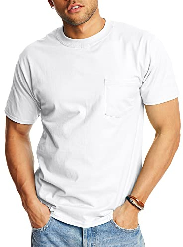 Hanes Men's Short Sleeve Beefy-T with Pocket, White, Large