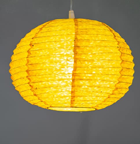 GURU SHOP Runder Lokta Papierlampenschirm, Boho Hängelampe Coronada - Ø 30 cm Gelb, Lokta-Papier, Asiatische Lampenschirme aus Papier & Stoff